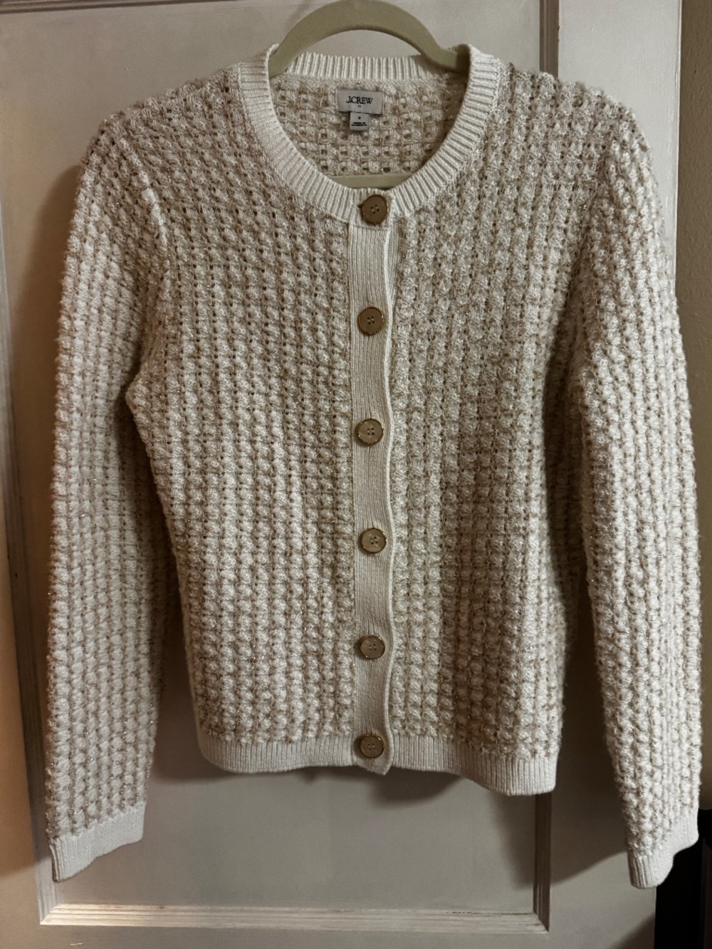 J.Crew Metallic Gold Shimmer Waffle Knit Cardigan Sweater Ivory Size S